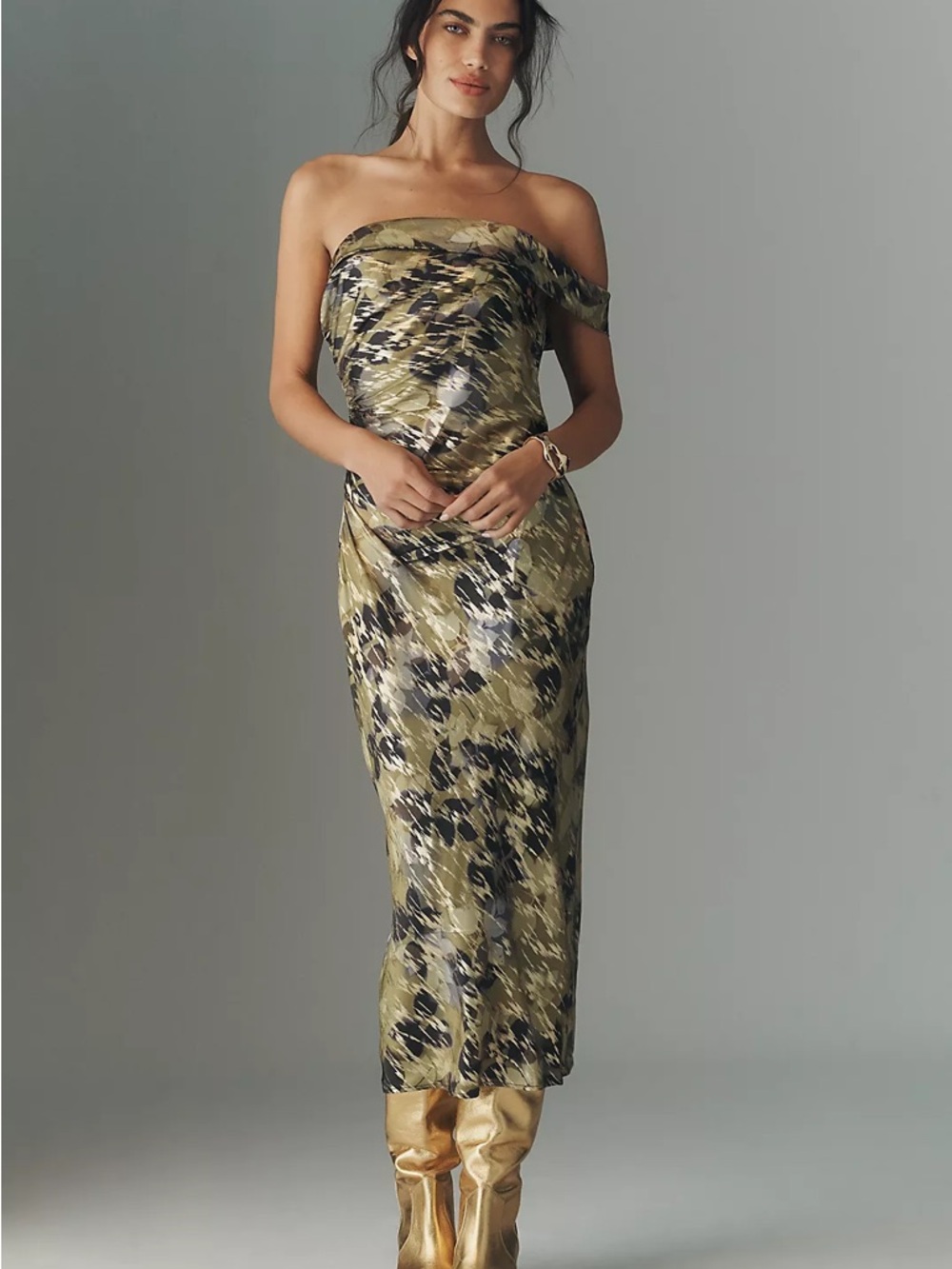 Anthropologie One Shoulder Olive & Black Strapless Midi Dress